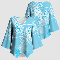 Aotearoa Maori Koru Curves Kimono Sleeve Blouse Silver Ferns - Turquoise