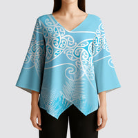 Aotearoa Maori Koru Curves Kimono Sleeve Blouse Silver Ferns - Turquoise