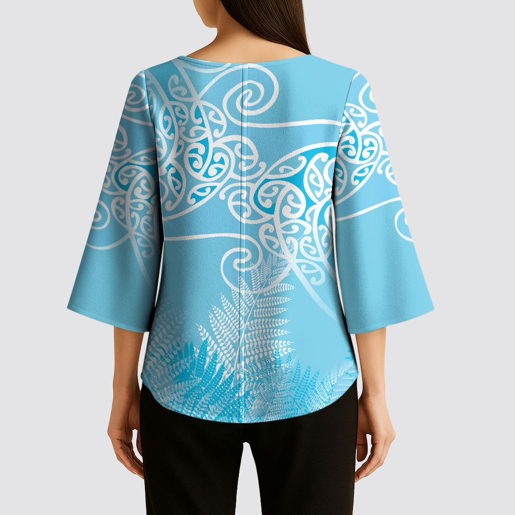 Aotearoa Maori Koru Curves Kimono Sleeve Blouse Silver Ferns - Turquoise