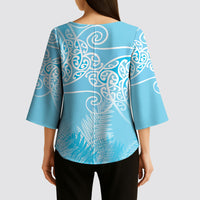 Aotearoa Maori Koru Curves Kimono Sleeve Blouse Silver Ferns - Turquoise