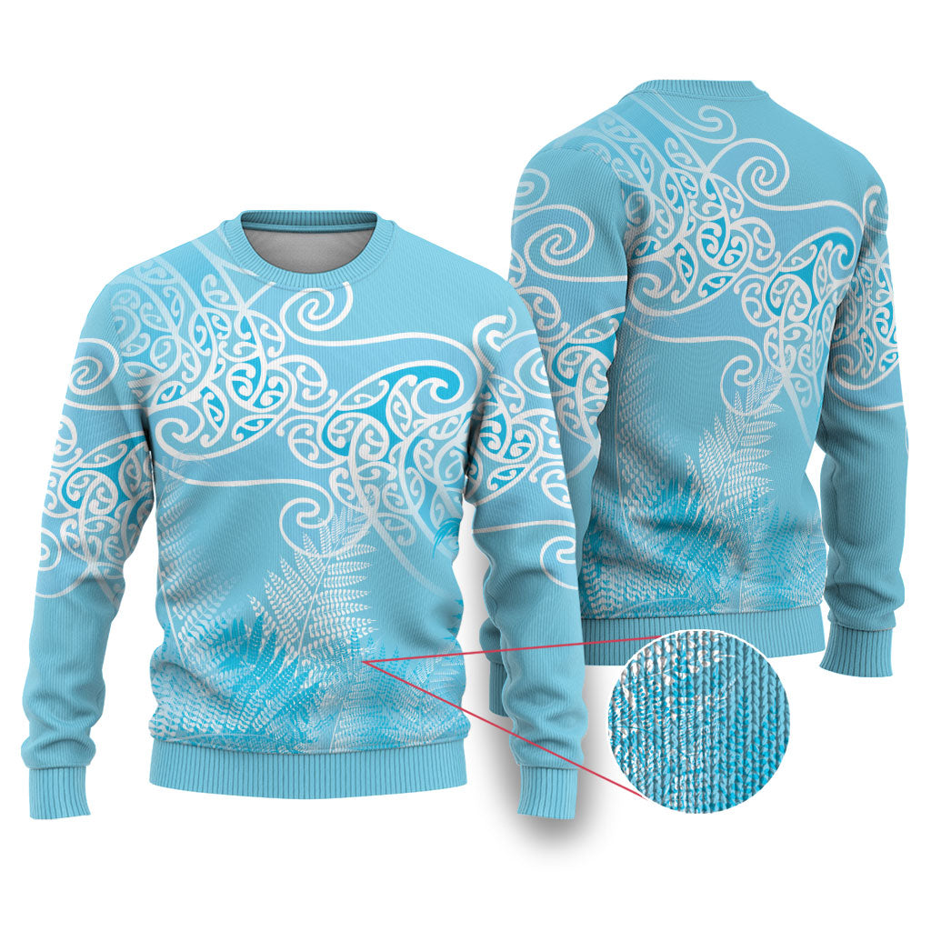 Aotearoa Maori Koru Curves Ugly Christmas Sweater Silver Ferns - Turquoise LT7 Turquoise - Polynesian Pride