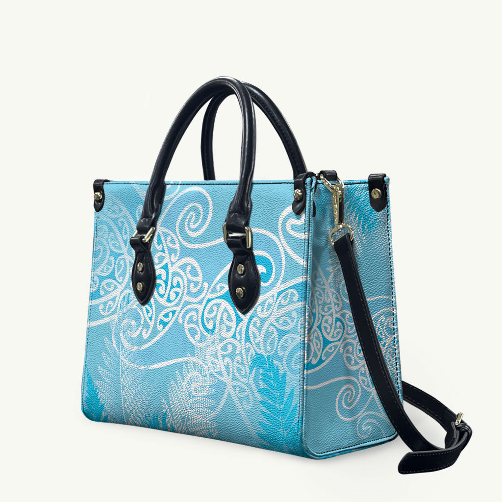 Aotearoa Maori Koru Curves Leather Bag Silver Ferns - Turquoise LT7 Turquoise - Polynesian Pride