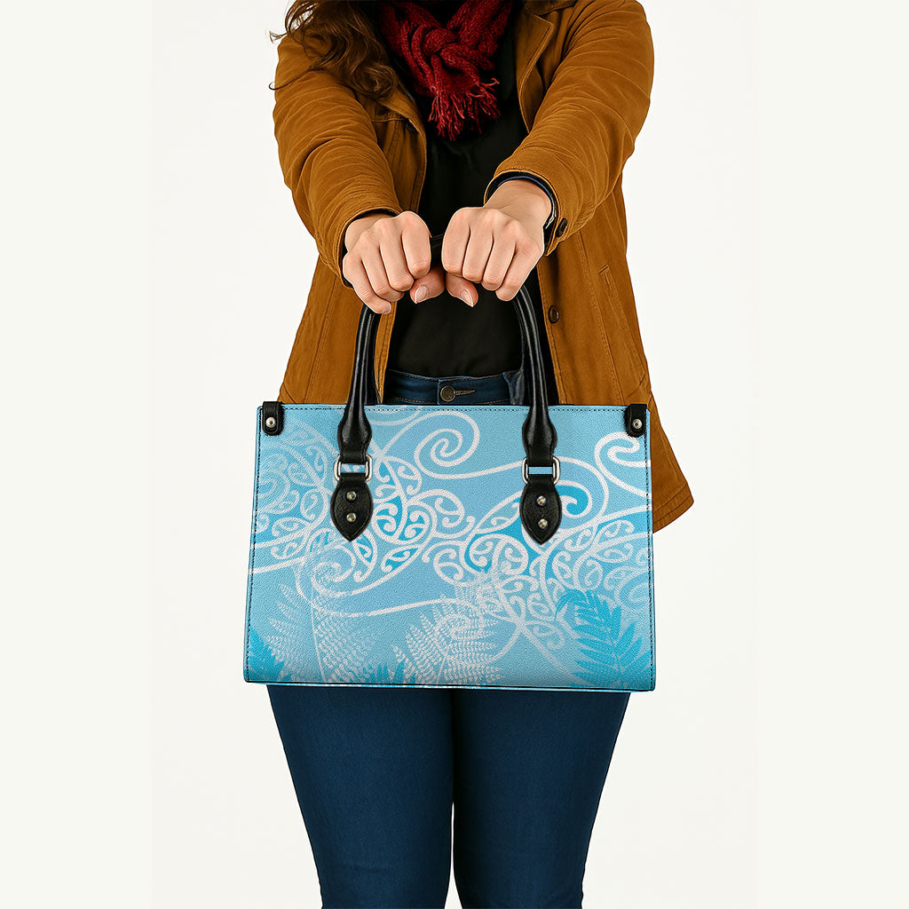Aotearoa Maori Koru Curves Leather Bag Silver Ferns - Turquoise LT7 - Polynesian Pride