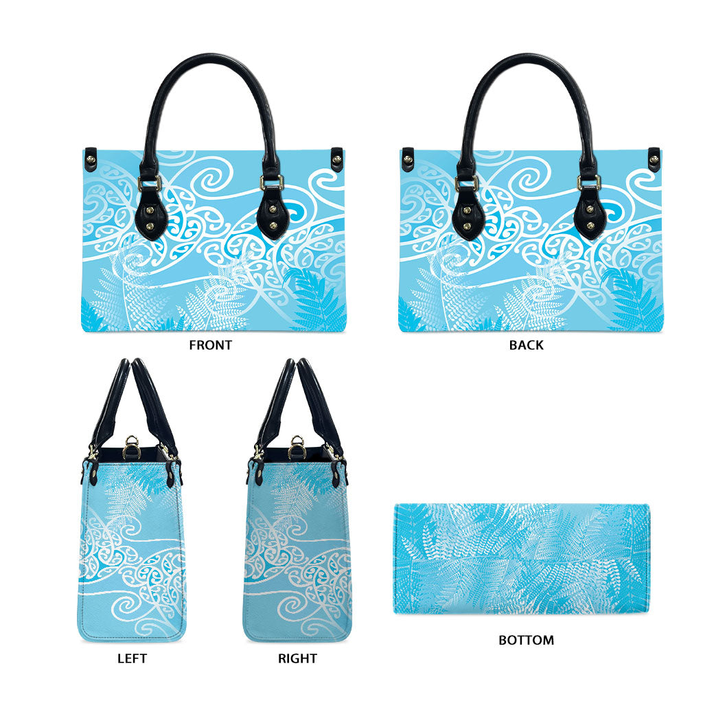 Aotearoa Maori Koru Curves Leather Bag Silver Ferns - Turquoise LT7 - Polynesian Pride