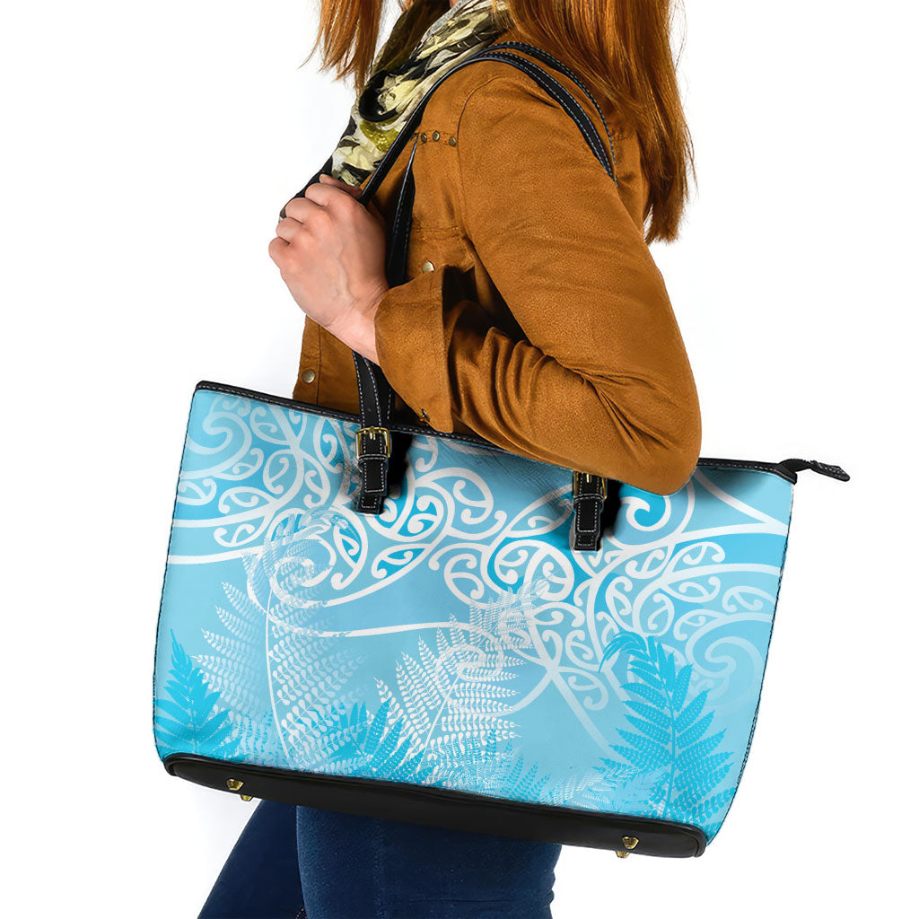 Aotearoa Maori Koru Curves Leather Tote Bag Silver Ferns - Turquoise LT7 Turquoise - Polynesian Pride