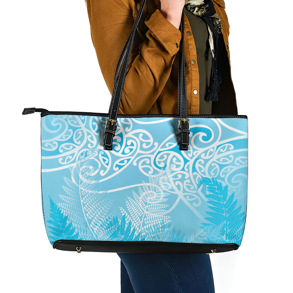 Aotearoa Maori Koru Curves Leather Tote Bag Silver Ferns - Turquoise LT7 - Polynesian Pride