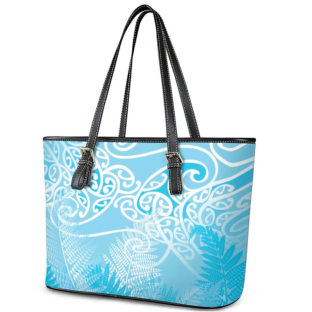 Aotearoa Maori Koru Curves Leather Tote Bag Silver Ferns - Turquoise LT7 - Polynesian Pride