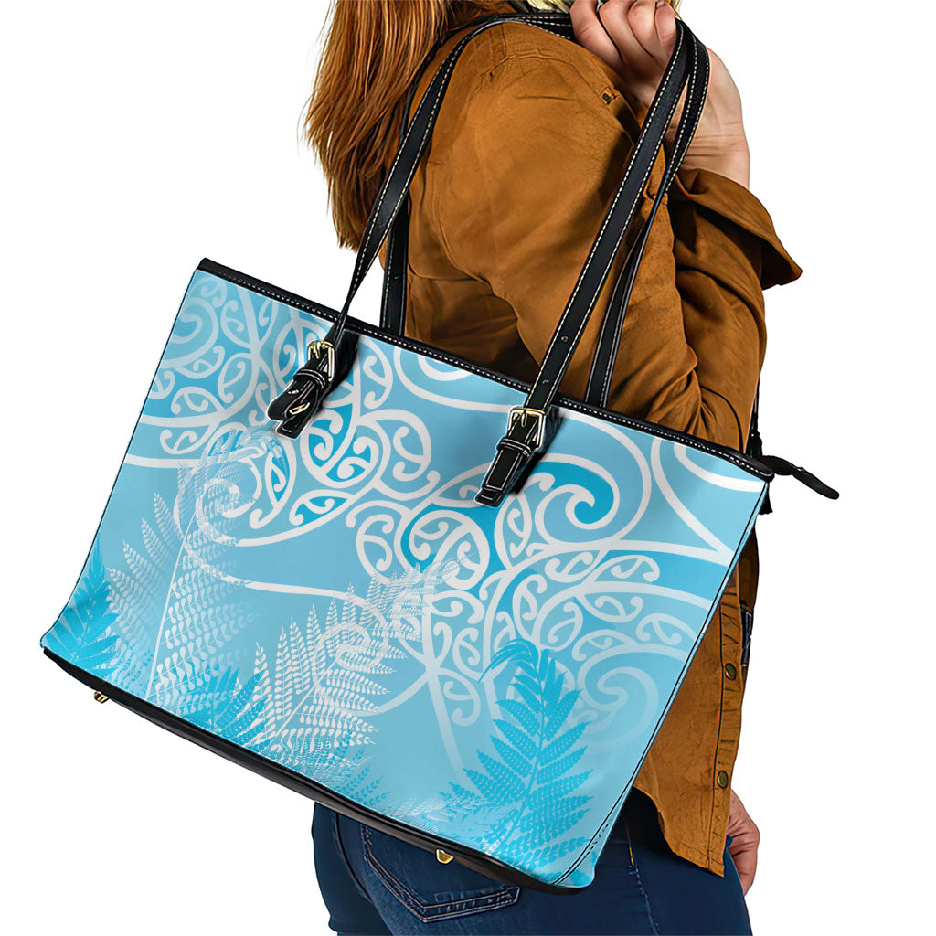 Aotearoa Maori Koru Curves Leather Tote Bag Silver Ferns - Turquoise LT7 - Polynesian Pride