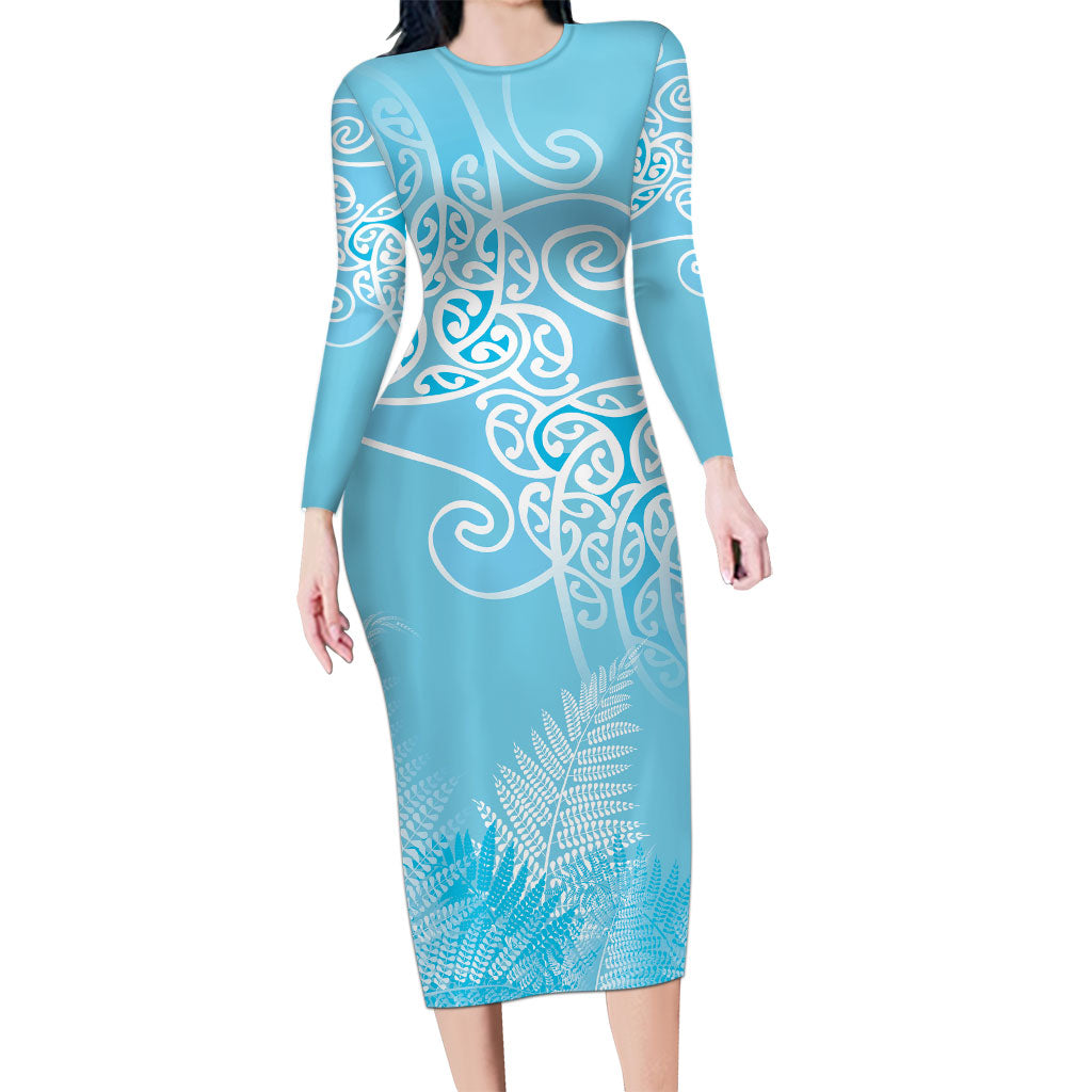 Aotearoa Maori Koru Curves Long Sleeve Bodycon Dress Silver Ferns - Turquoise