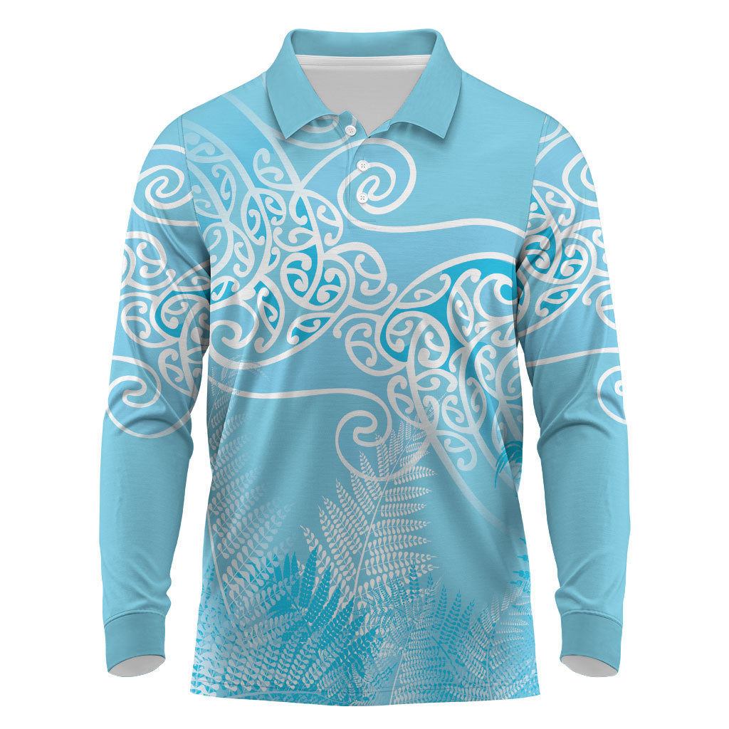 Aotearoa Maori Koru Curves Long Sleeve Polo Shirt Silver Ferns - Turquoise LT7 Turquoise - Polynesian Pride