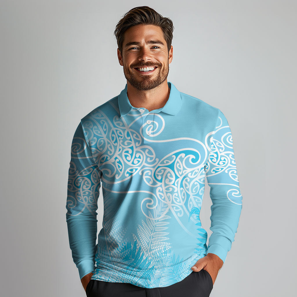 Aotearoa Maori Koru Curves Long Sleeve Polo Shirt Silver Ferns - Turquoise LT7 - Polynesian Pride