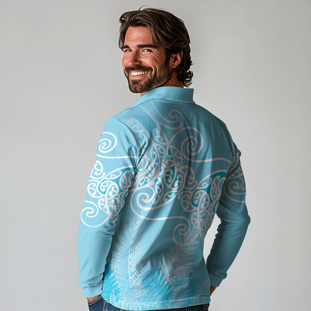 Aotearoa Maori Koru Curves Long Sleeve Polo Shirt Silver Ferns - Turquoise LT7 - Polynesian Pride