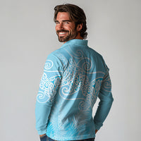 Aotearoa Maori Koru Curves Long Sleeve Polo Shirt Silver Ferns - Turquoise LT7 - Polynesian Pride