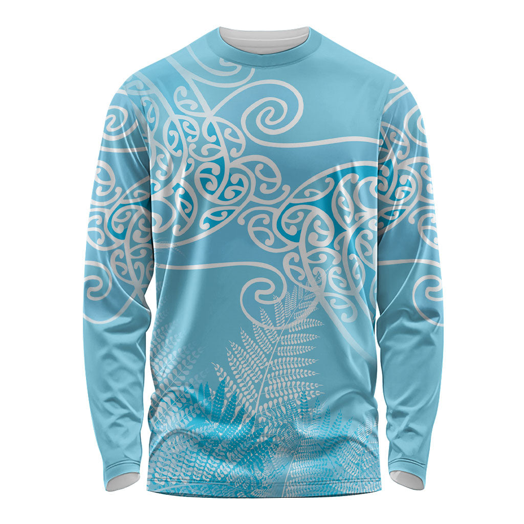 Aotearoa Maori Koru Curves Long Sleeve Shirt Silver Ferns - Turquoise LT7 Unisex Turquoise - Polynesian Pride