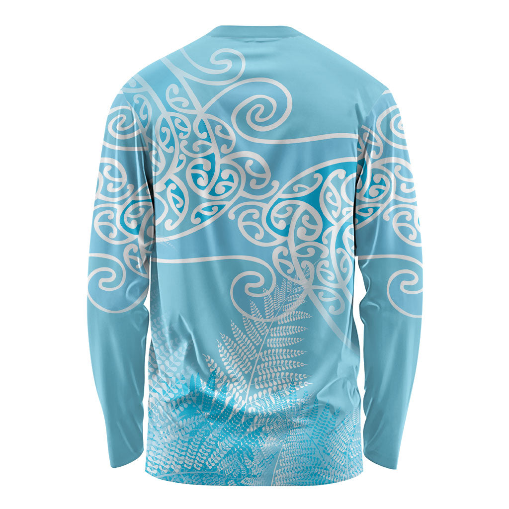 Aotearoa Maori Koru Curves Long Sleeve Shirt Silver Ferns - Turquoise LT7 - Polynesian Pride
