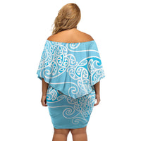 Aotearoa Maori Koru Curves Off Shoulder Short Dress Silver Ferns - Turquoise LT7 - Polynesian Pride