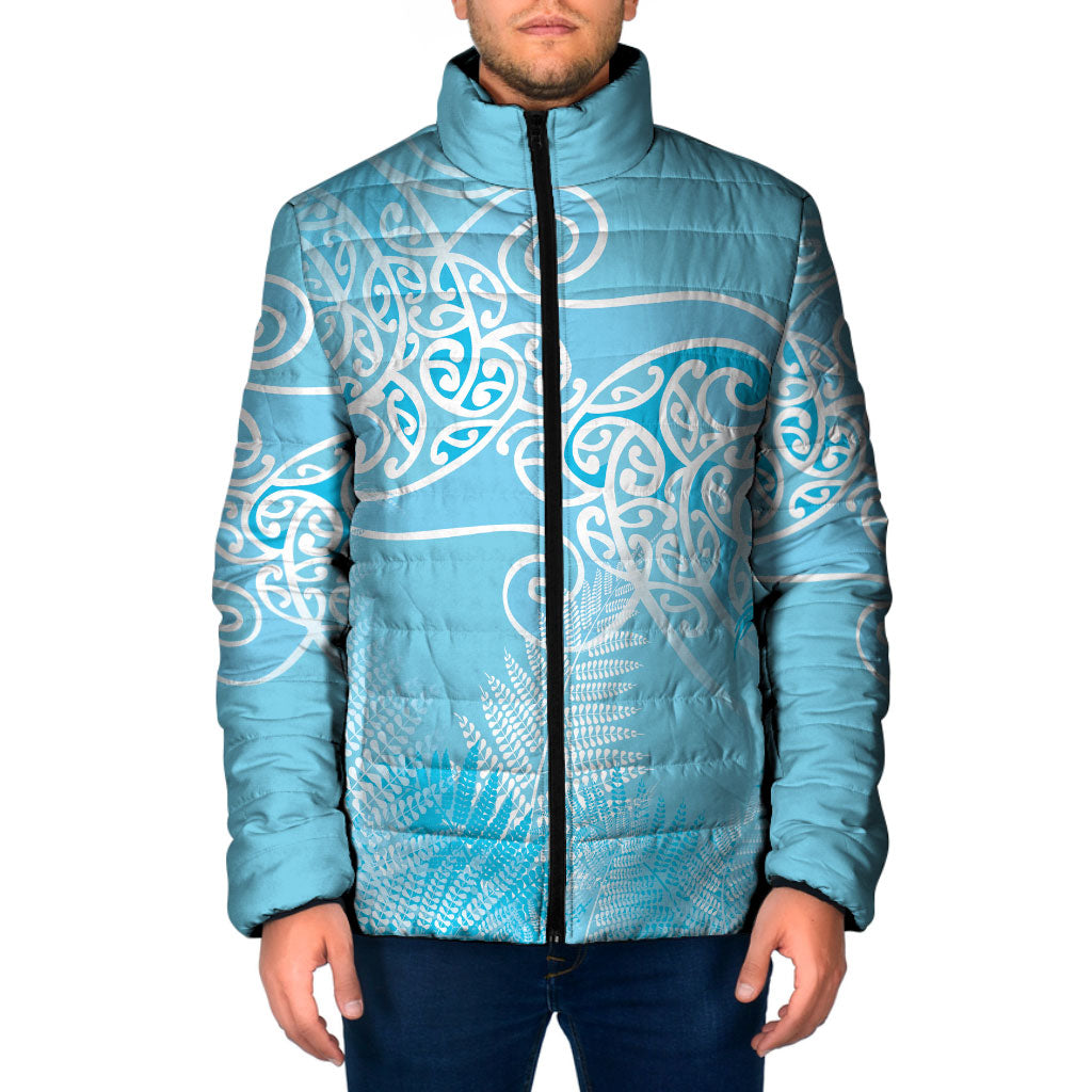 Aotearoa Maori Koru Curves Padded Jacket Silver Ferns - Turquoise LT7 Men Turquoise - Polynesian Pride