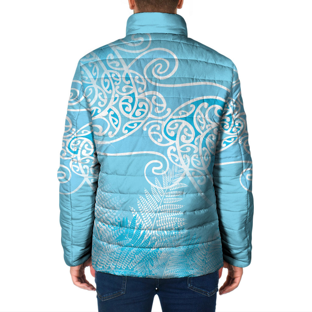 Aotearoa Maori Koru Curves Padded Jacket Silver Ferns - Turquoise LT7 - Polynesian Pride