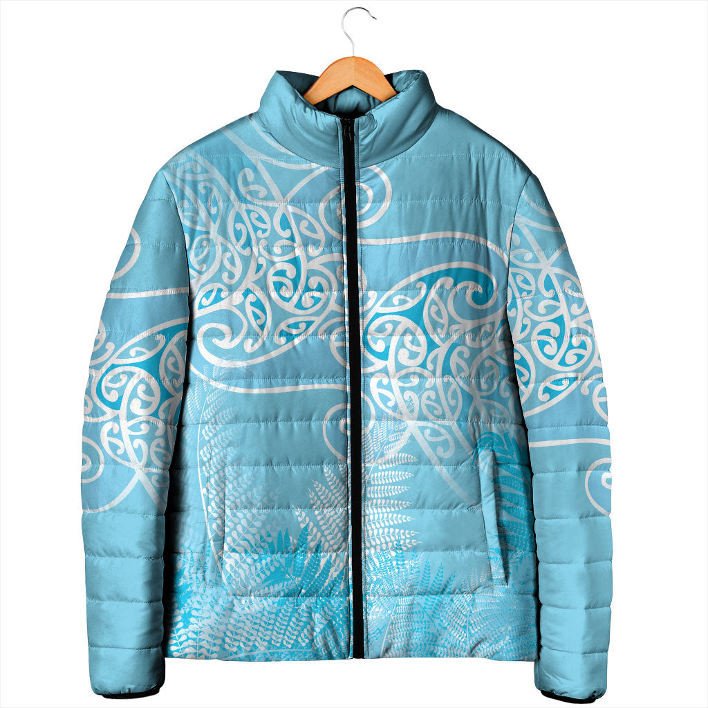 Aotearoa Maori Koru Curves Padded Jacket Silver Ferns - Turquoise LT7 - Polynesian Pride