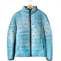 Aotearoa Maori Koru Curves Padded Jacket Silver Ferns - Turquoise LT7 - Polynesian Pride