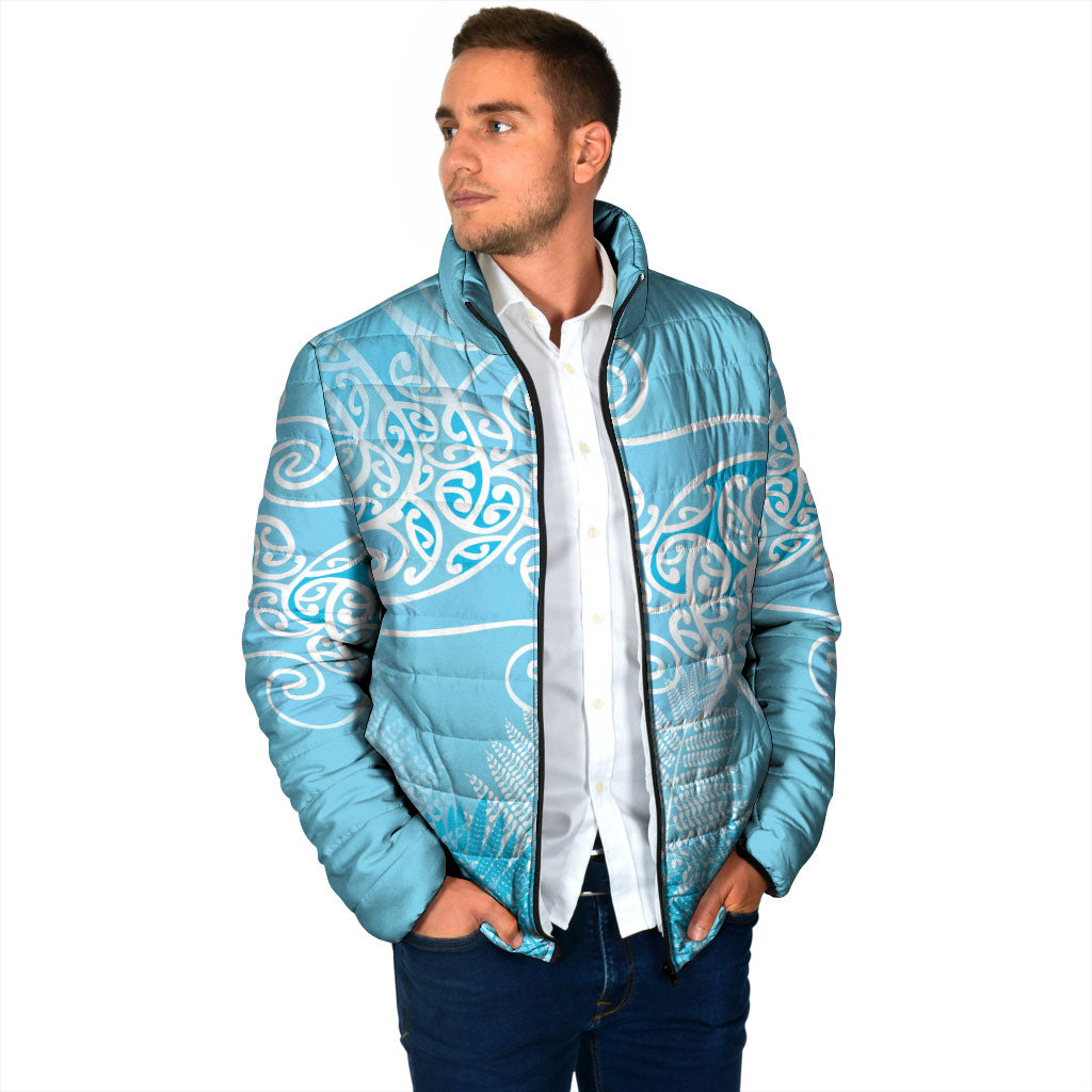 Aotearoa Maori Koru Curves Padded Jacket Silver Ferns - Turquoise LT7 - Polynesian Pride