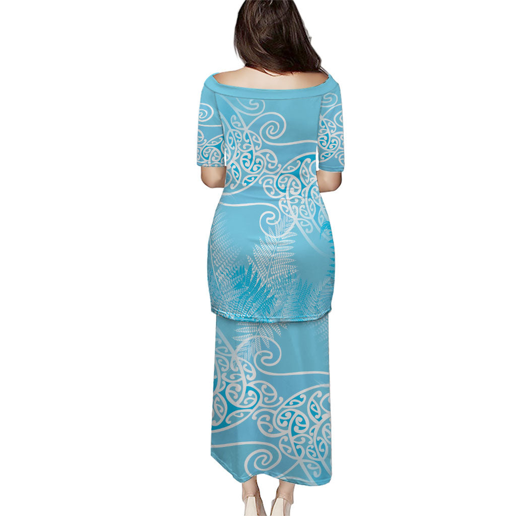 Aotearoa Maori Koru Curves Puletasi Silver Ferns - Turquoise LT7 - Polynesian Pride