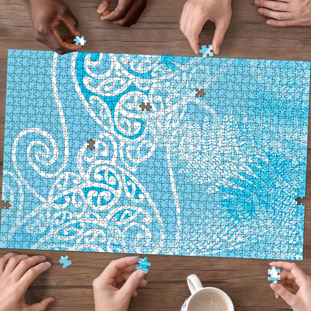 Aotearoa Maori Koru Curves Puzzle Silver Ferns - Turquoise LT7 - Polynesian Pride