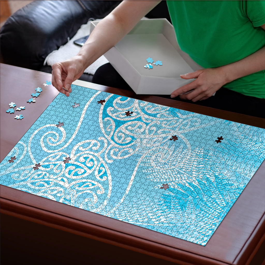 Aotearoa Maori Koru Curves Puzzle Silver Ferns - Turquoise LT7 - Polynesian Pride