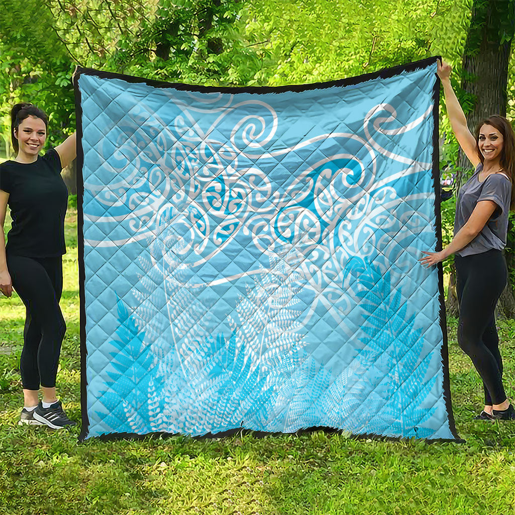 Aotearoa Maori Koru Curves Quilt Silver Ferns - Turquoise LT7 - Polynesian Pride