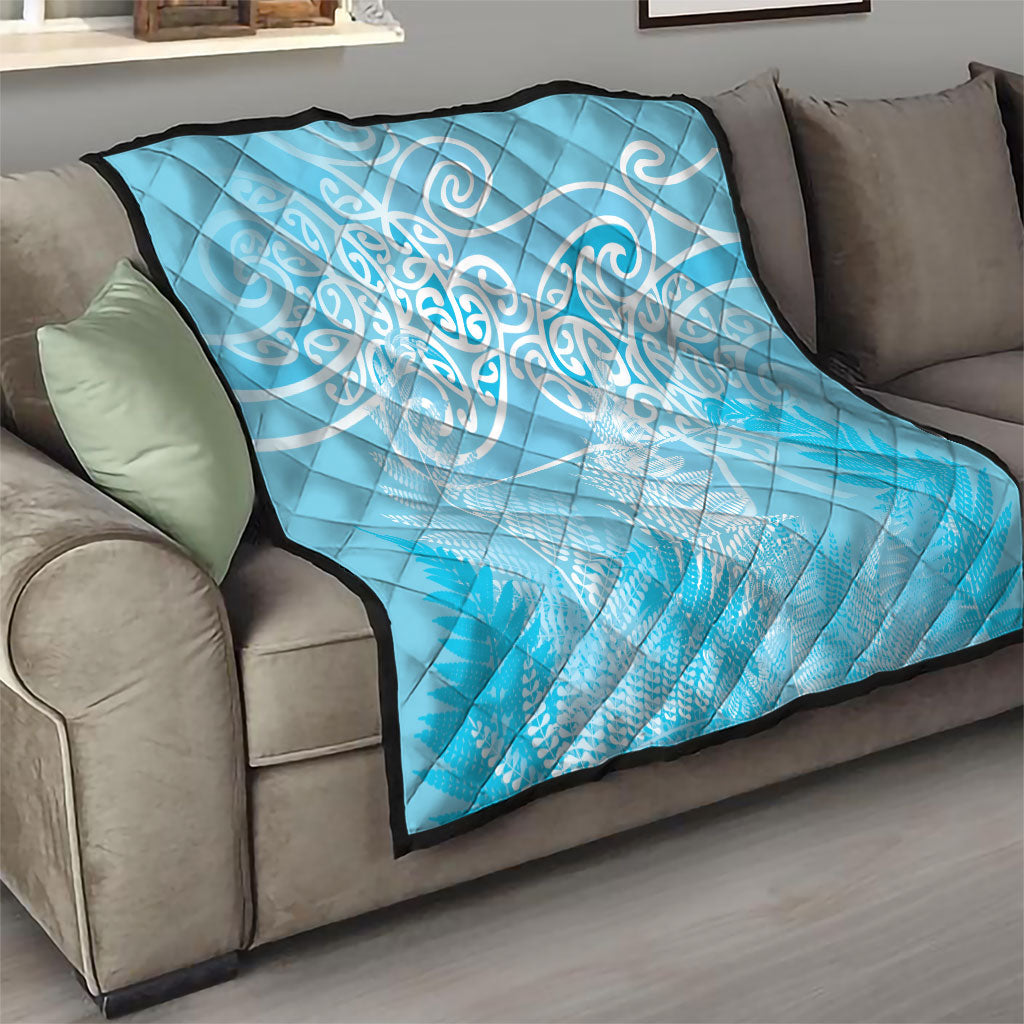 Aotearoa Maori Koru Curves Quilt Silver Ferns - Turquoise LT7 - Polynesian Pride