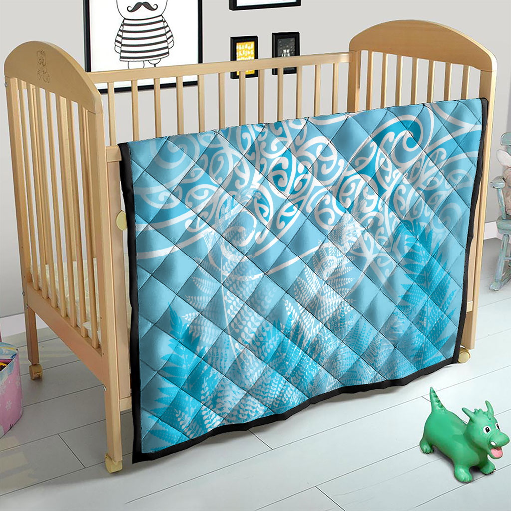 Aotearoa Maori Koru Curves Quilt Silver Ferns - Turquoise LT7 - Polynesian Pride