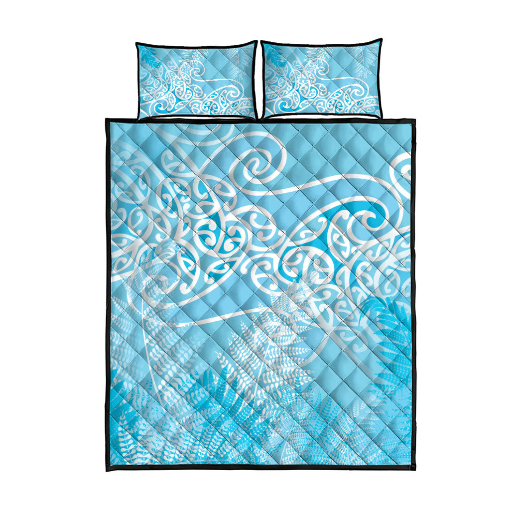 Aotearoa Maori Koru Curves Quilt Bed Set Silver Ferns - Turquoise LT7 - Polynesian Pride