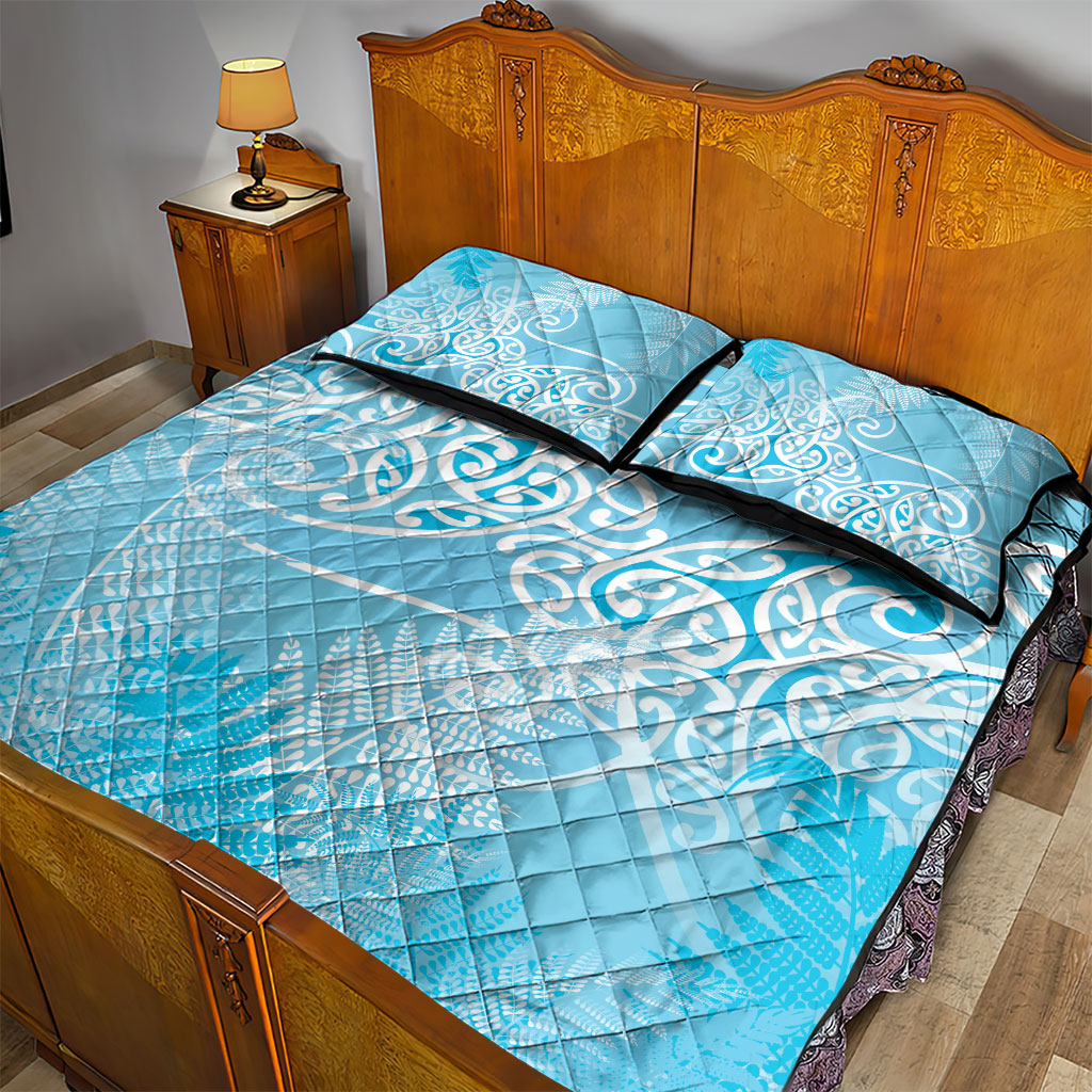 Aotearoa Maori Koru Curves Quilt Bed Set Silver Ferns - Turquoise LT7 - Polynesian Pride