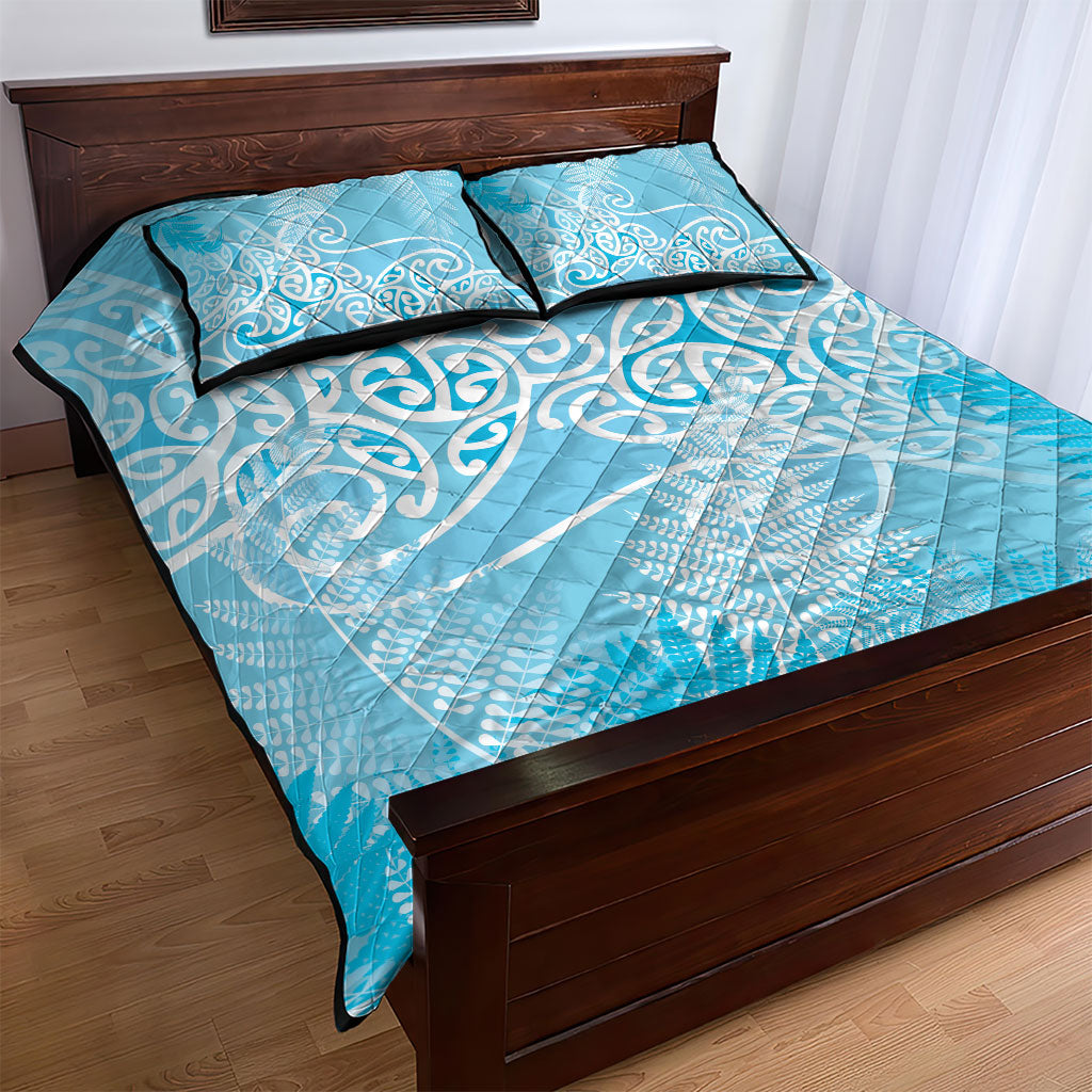 Aotearoa Maori Koru Curves Quilt Bed Set Silver Ferns - Turquoise LT7 - Polynesian Pride