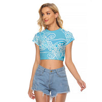 Aotearoa Maori Koru Curves Raglan Cropped T Shirt Silver Ferns - Turquoise LT7 Female Turquoise - Polynesian Pride