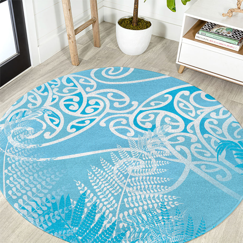 Aotearoa Maori Koru Curves Round Carpet Silver Ferns - Turquoise LT7 Turquoise - Polynesian Pride