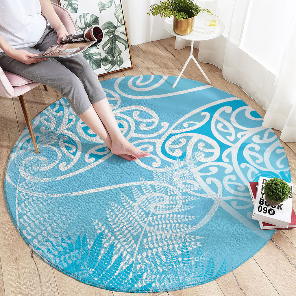 Aotearoa Maori Koru Curves Round Carpet Silver Ferns - Turquoise LT7 - Polynesian Pride