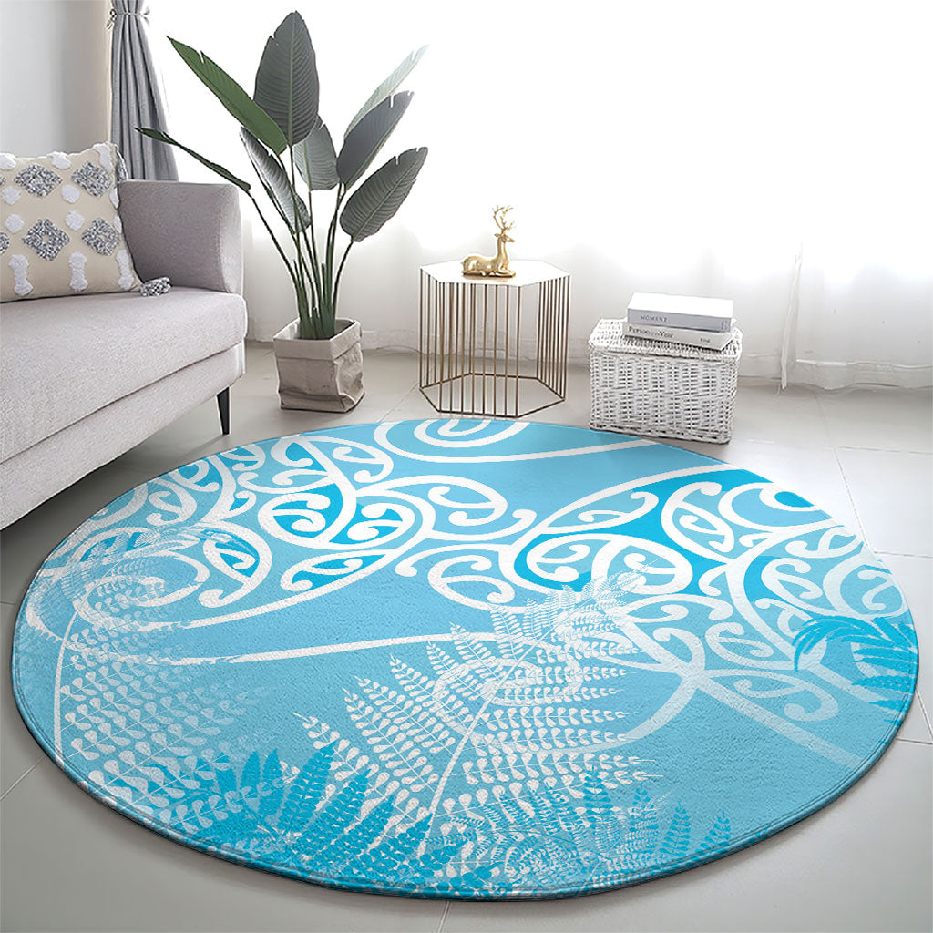 Aotearoa Maori Koru Curves Round Carpet Silver Ferns - Turquoise LT7 - Polynesian Pride
