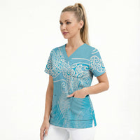 Aotearoa Maori Koru Curves Scrub Top Silver Ferns - Turquoise LT7 - Polynesian Pride