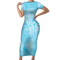 Aotearoa Maori Koru Curves Short Sleeve Bodycon Dress Silver Ferns - Turquoise LT7 Long Dress Turquoise - Polynesian Pride