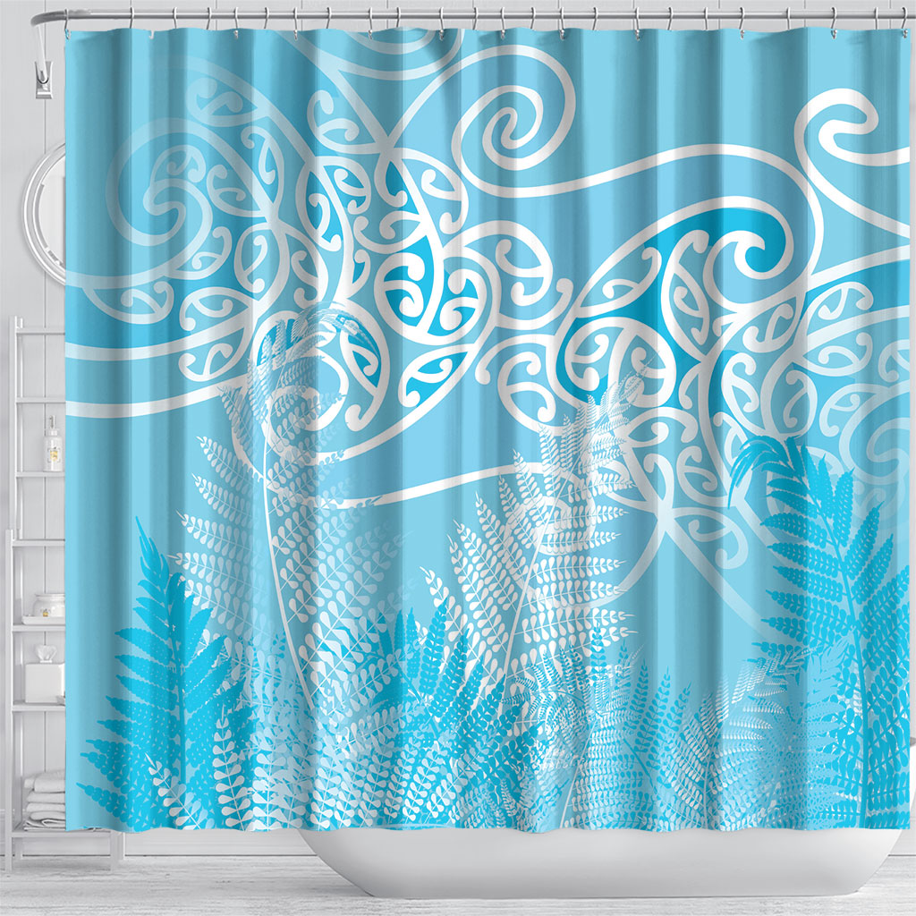 Aotearoa Maori Koru Curves Shower Curtain Silver Ferns - Turquoise LT7 - Polynesian Pride