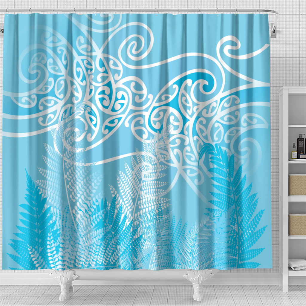 Aotearoa Maori Koru Curves Shower Curtain Silver Ferns - Turquoise LT7 - Polynesian Pride