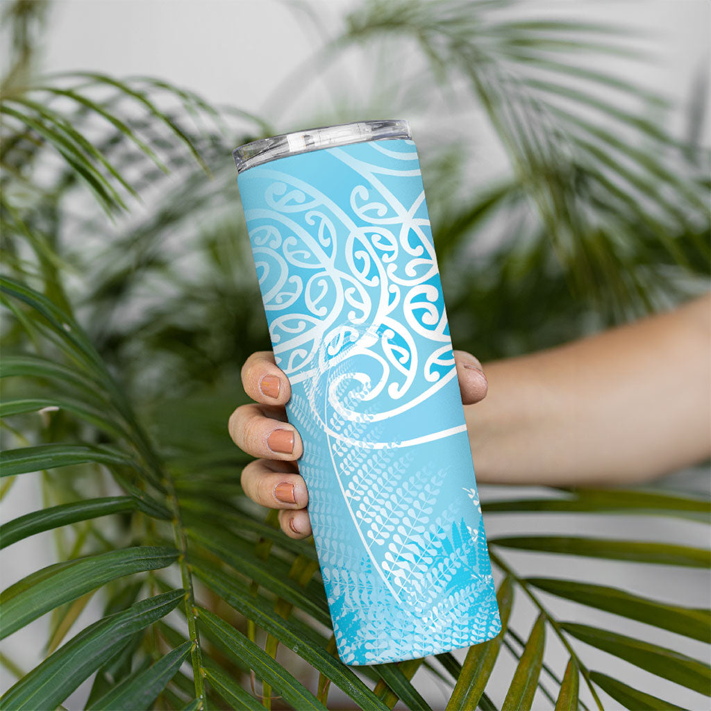 Aotearoa Maori Koru Curves Skinny Tumbler Silver Ferns - Turquoise LT7 - Polynesian Pride