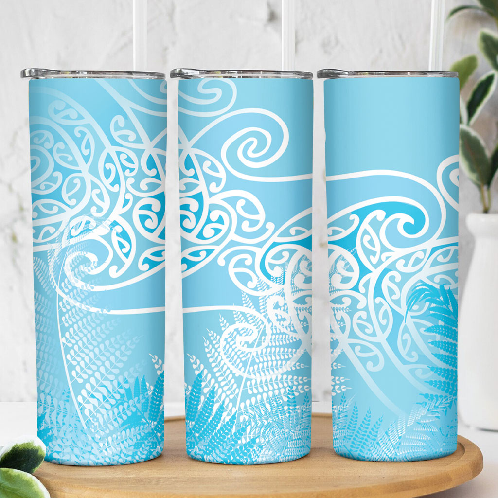 Aotearoa Maori Koru Curves Skinny Tumbler Silver Ferns - Turquoise LT7 - Polynesian Pride