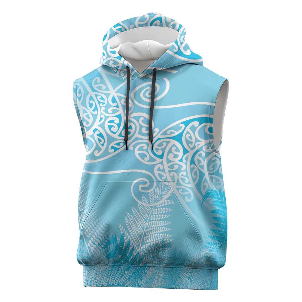Aotearoa Maori Koru Curves Sleeveless Hoodie Silver Ferns - Turquoise LT7 Turquoise - Polynesian Pride