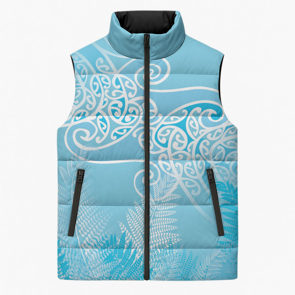Aotearoa Maori Koru Curves Sleeveless Puffer Jacket Silver Ferns - Turquoise LT7 Unisex Turquoise - Polynesian Pride