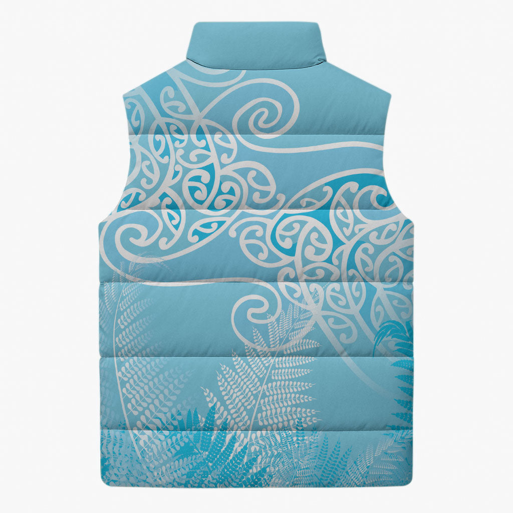 Aotearoa Maori Koru Curves Sleeveless Puffer Jacket Silver Ferns - Turquoise LT7 - Polynesian Pride