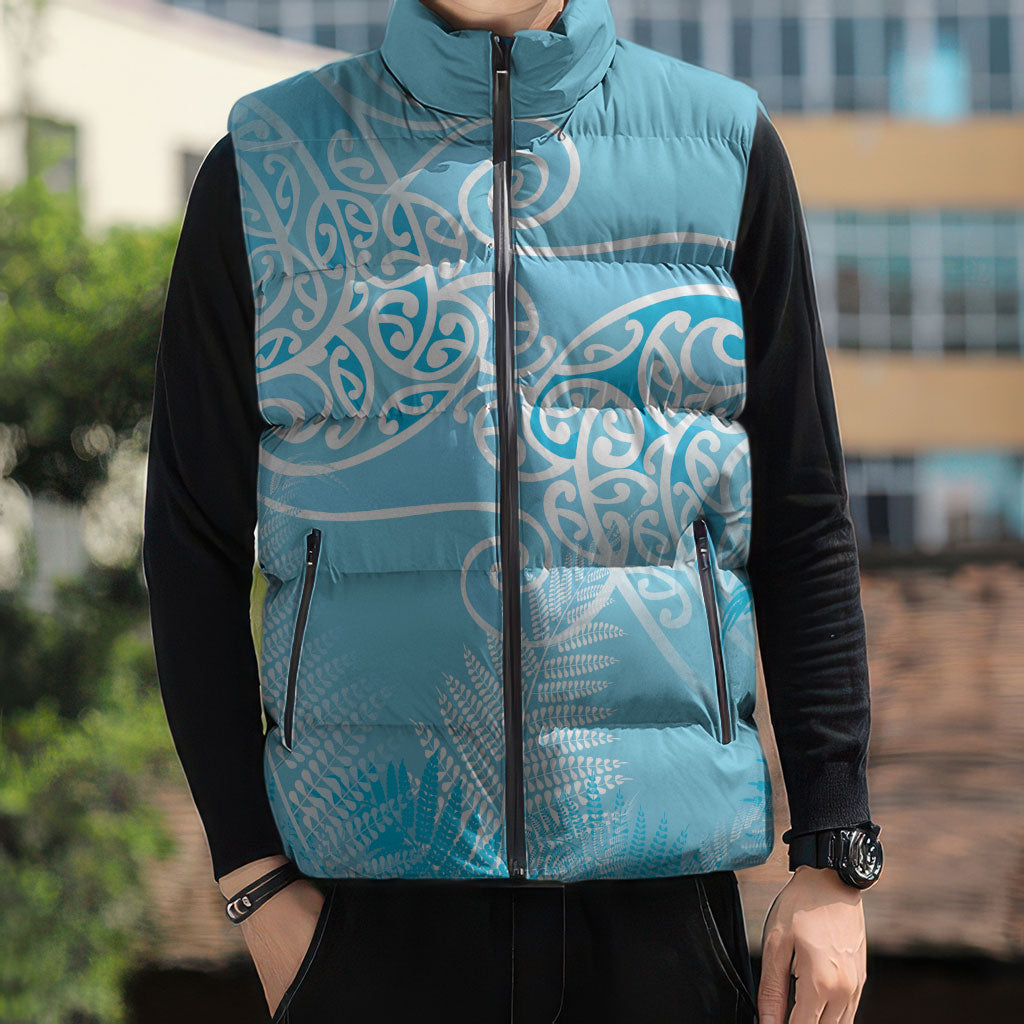 Aotearoa Maori Koru Curves Sleeveless Puffer Jacket Silver Ferns - Turquoise LT7 - Polynesian Pride