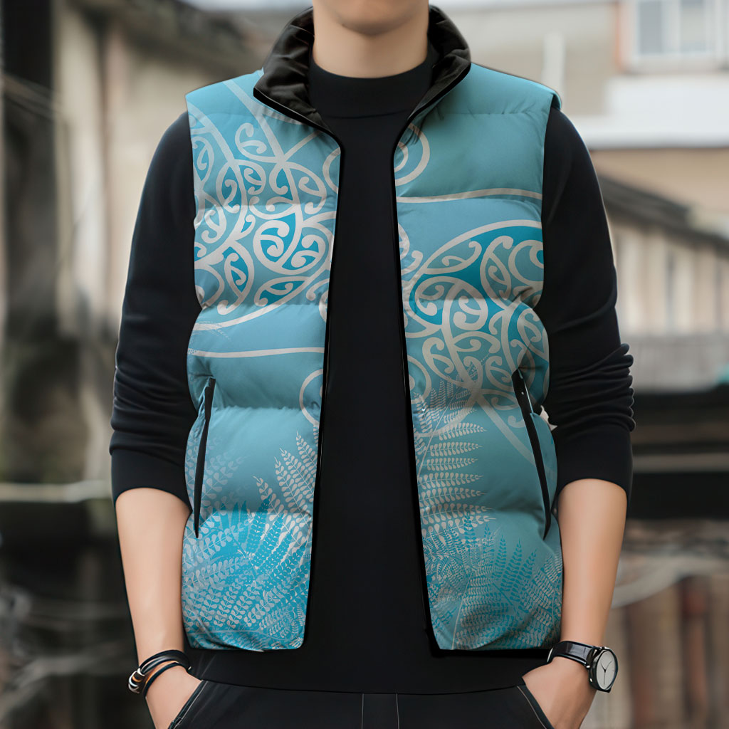 Aotearoa Maori Koru Curves Sleeveless Puffer Jacket Silver Ferns - Turquoise LT7 - Polynesian Pride
