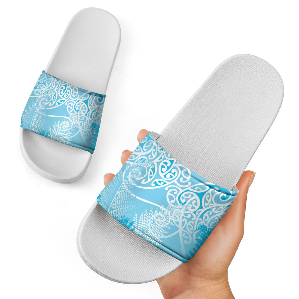Aotearoa Maori Koru Curves Slide Sandals Silver Ferns - Turquoise LT7 - Polynesian Pride